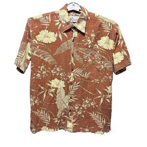 VTG World Wide Sportsman Men's L Polo Hawaiian Shirt Brown‎ Yellow Flowers 90s